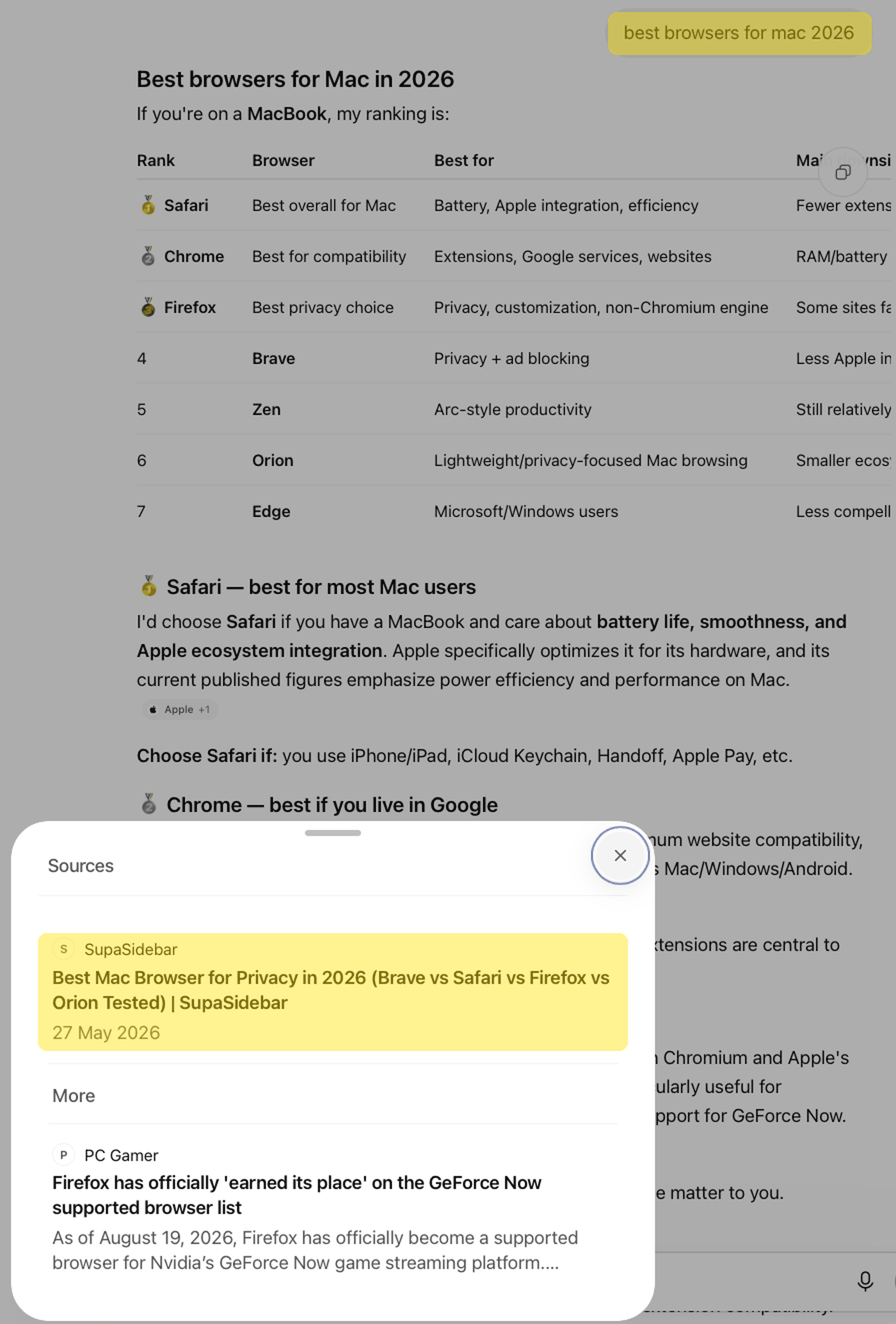 ChatGPT answer listing browsers for Mac with a source panel showing a SupaSidebar blog post