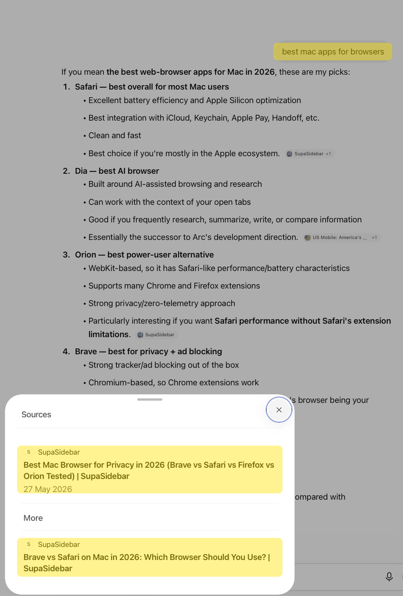 ChatGPT answer about Mac browser apps with a source panel showing two SupaSidebar blog posts