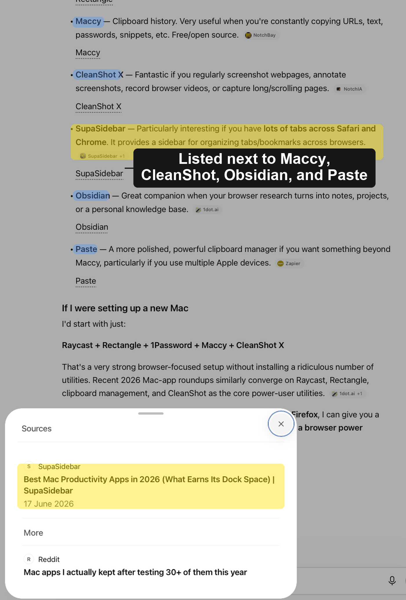 ChatGPT answer listing SupaSidebar alongside CleanShot, Obsidian, and Paste, with a source panel showing a SupaSidebar blog post